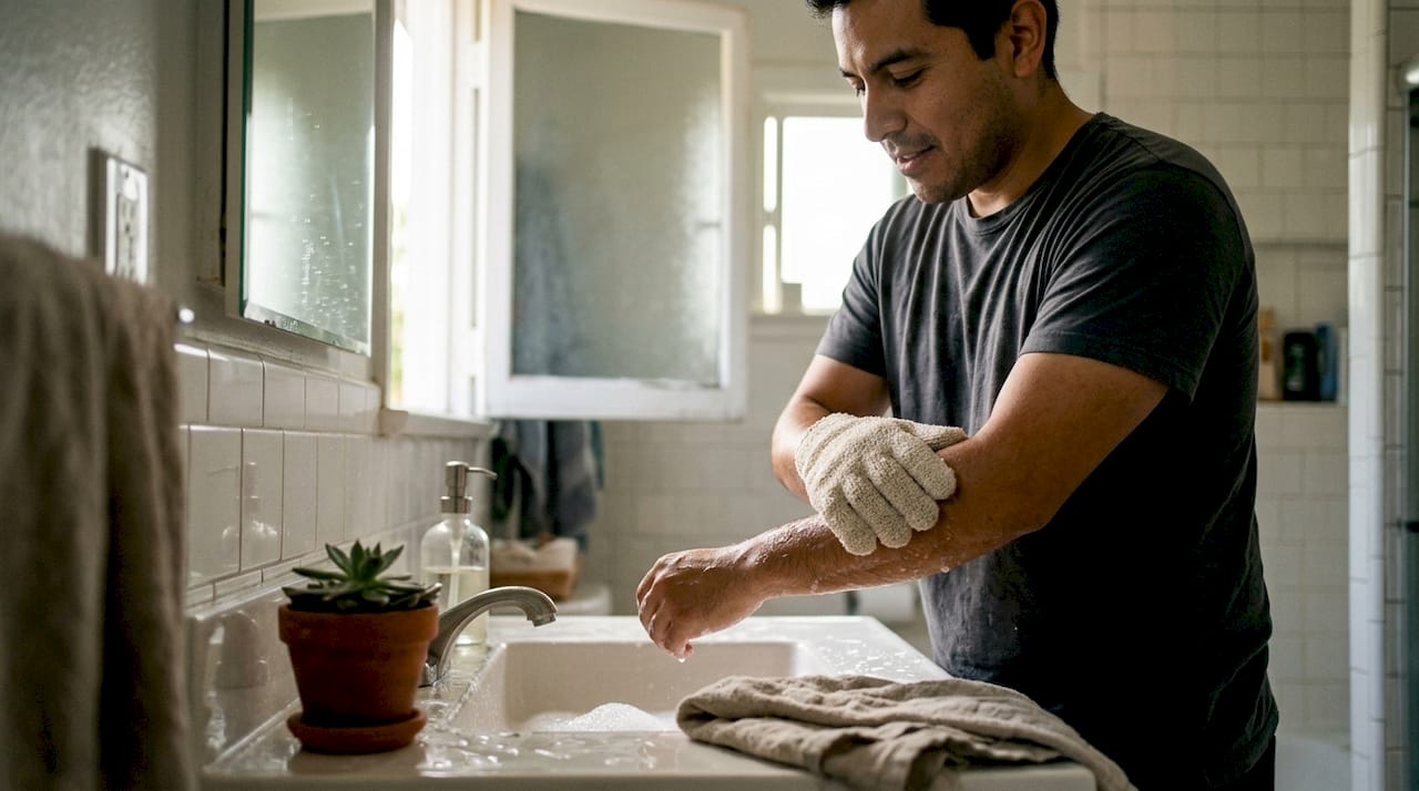 Hombre cuidando su piel al exfoliarse el antebrazo en el baño de casa