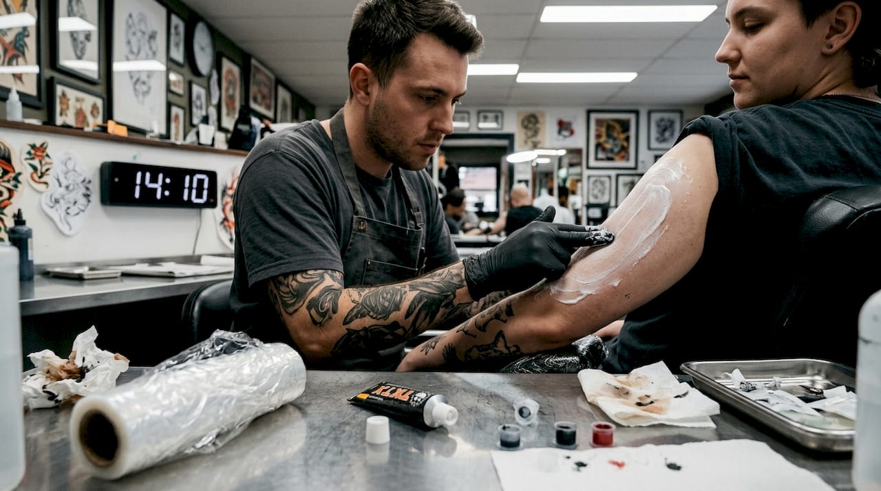 Tatér nanáší na ruku znecitlivující krém, aby zmírnil bolest při tetování.