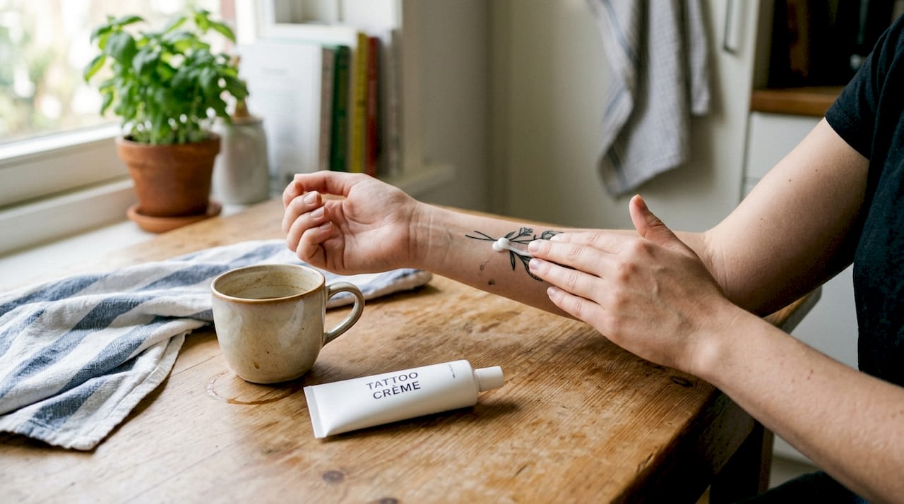 Een paar handen brengt voorzichtig zalf aan op een verse tatoeage.