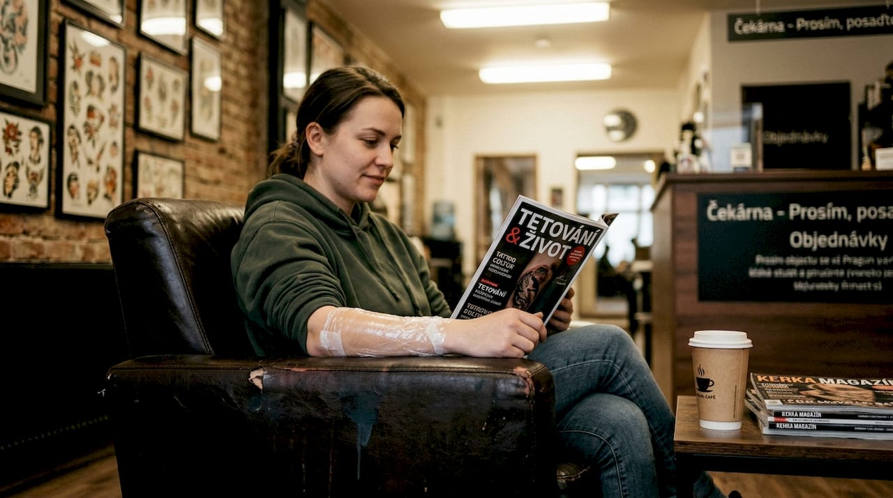 Klient čeká, než začne účinkovat znecitlivující krém na ruce.