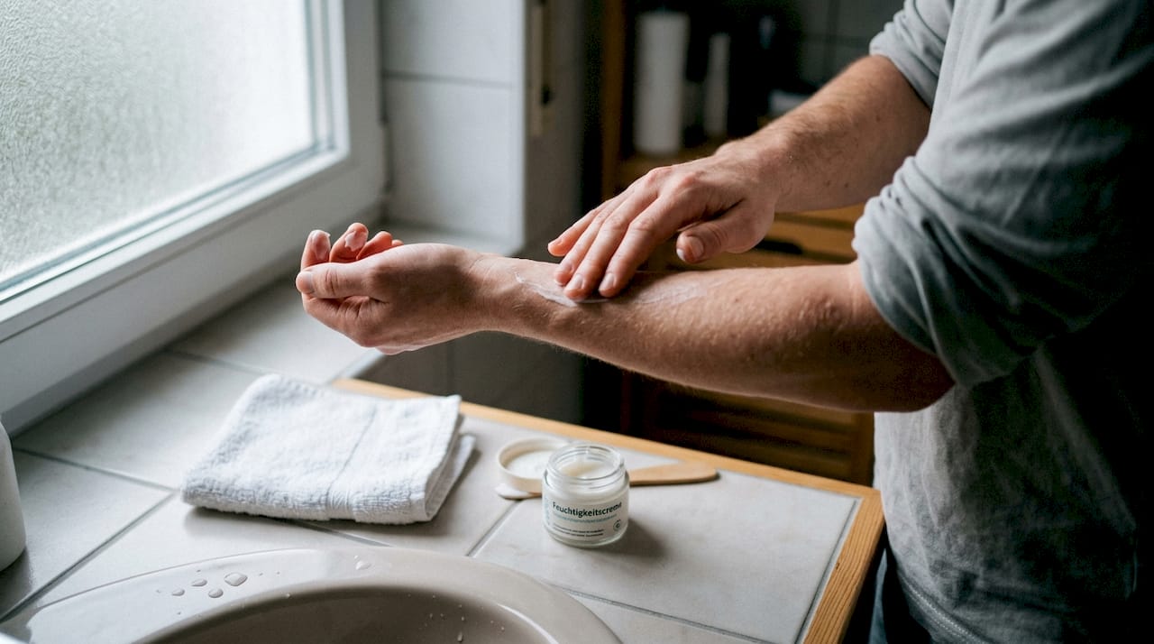 Am Waschbecken im Bad trage ich Creme auf meinen Unterarm auf.