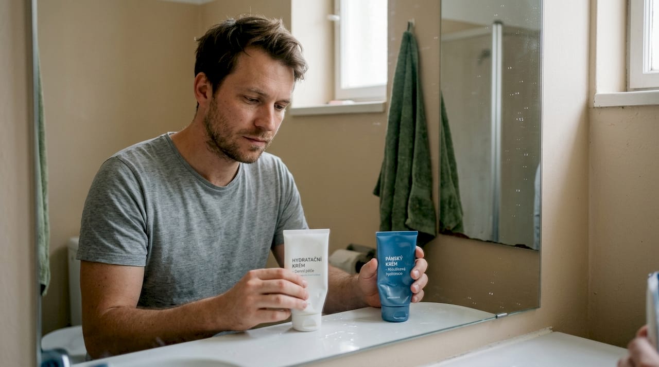 Muž stojí v koupelně a přemýšlí, který hydratační krém si dnes nanese.