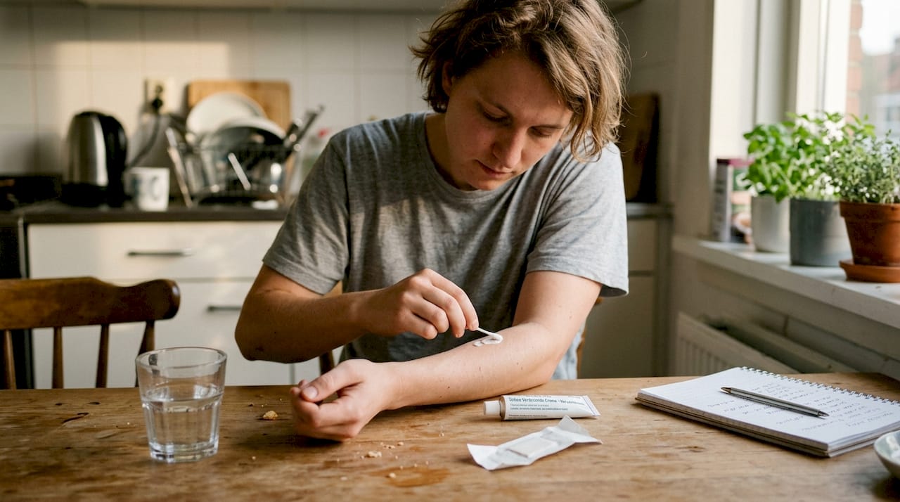 Iemand test een verdovende crème eerst uit op een klein stukje huid om te kijken of er geen allergische reactie ontstaat.