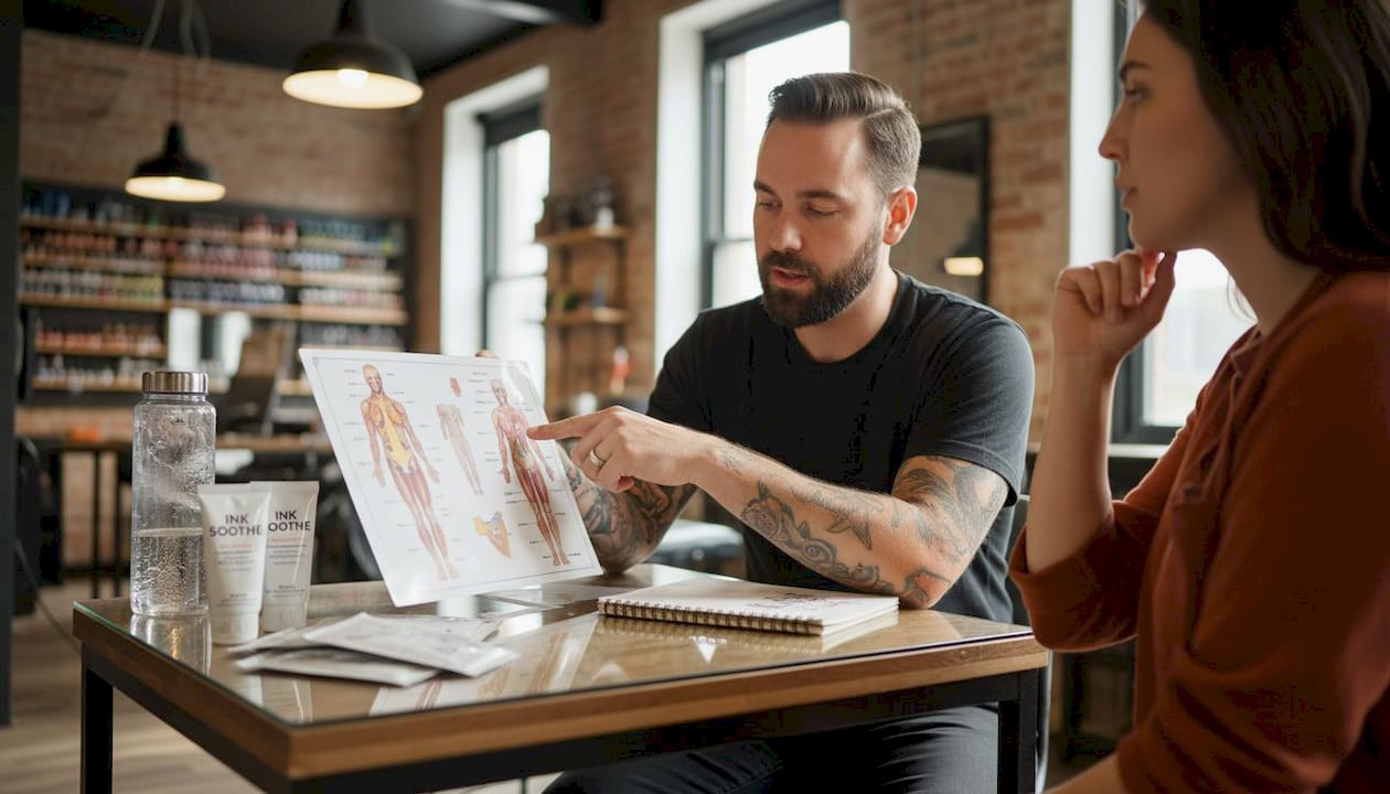 Tattoo artist discussing skin and placement options