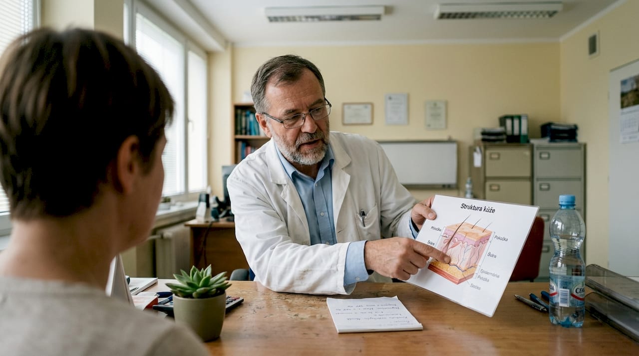 Dermatoložka pacientce srozumitelně vysvětluje, jak je použití krému na pleť bezpečné a co od něj může očekávat.