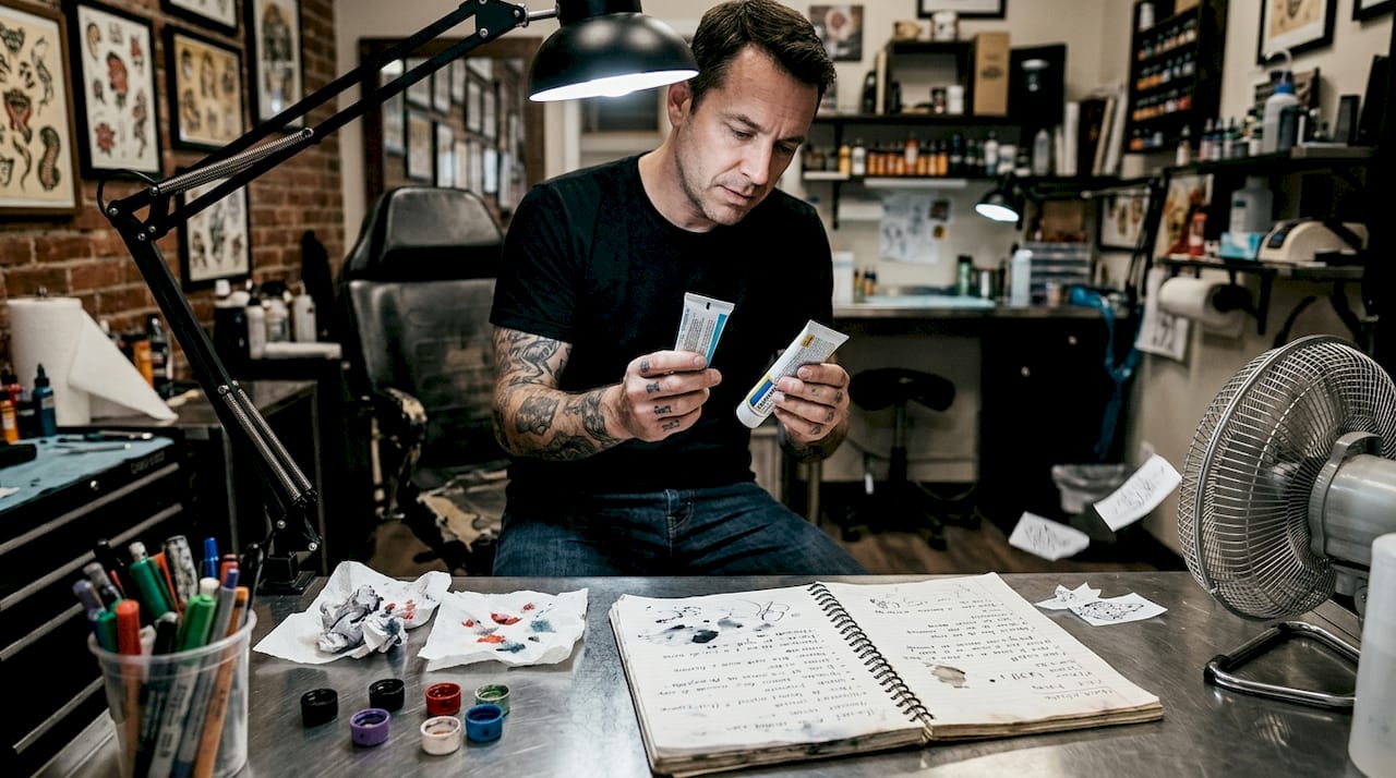 Un tatoueur en train de comparer deux crèmes posées sur la table