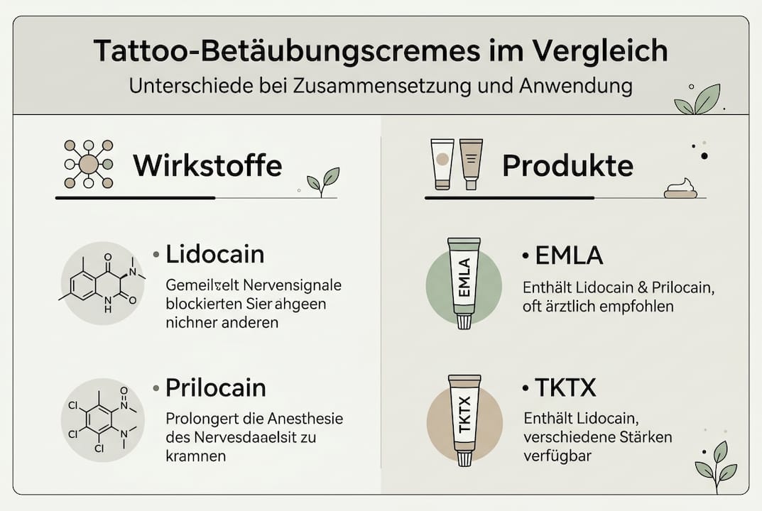 Diese Infografik bietet einen kompakten Überblick über die gängigsten Betäubungscremes für Tattoos.
