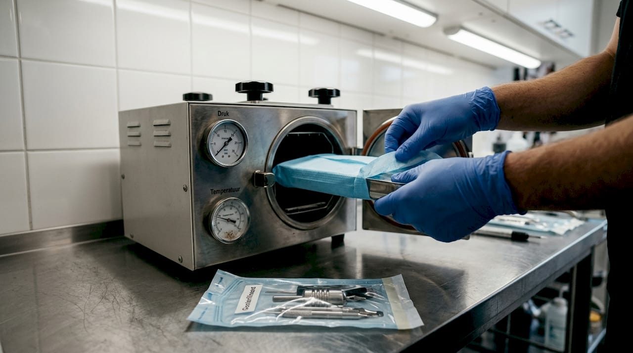 Close-up van het steriliseren van tatoeëernaalden in de autoclaaf