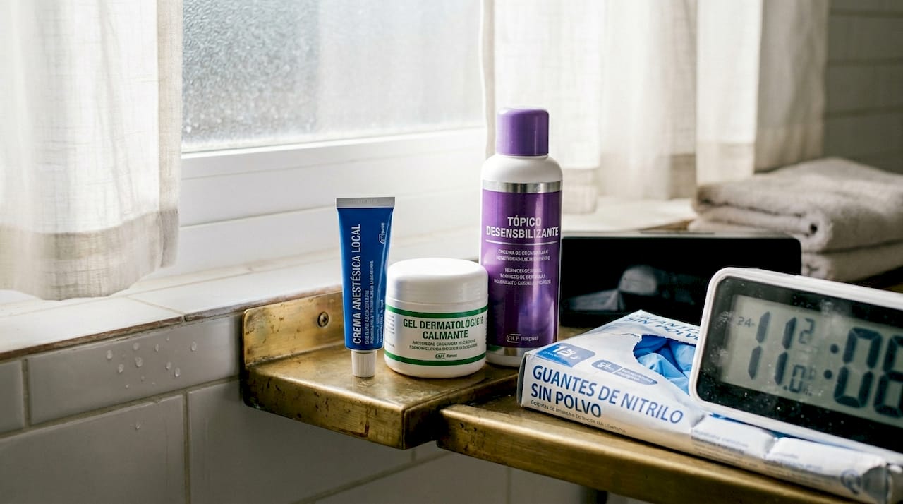 Botes de cremas anestésicas colocados en una estantería