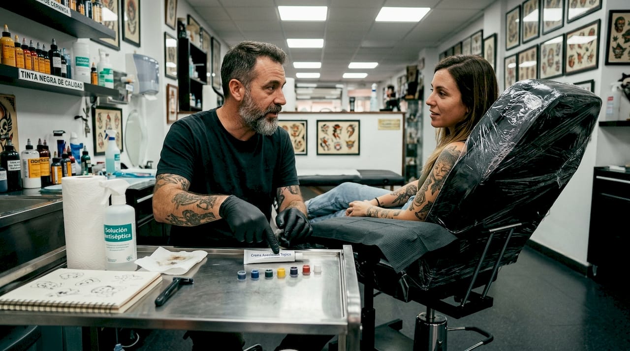 El tatuador le enseña al cliente la crema anestésica antes de comenzar el tatuaje.