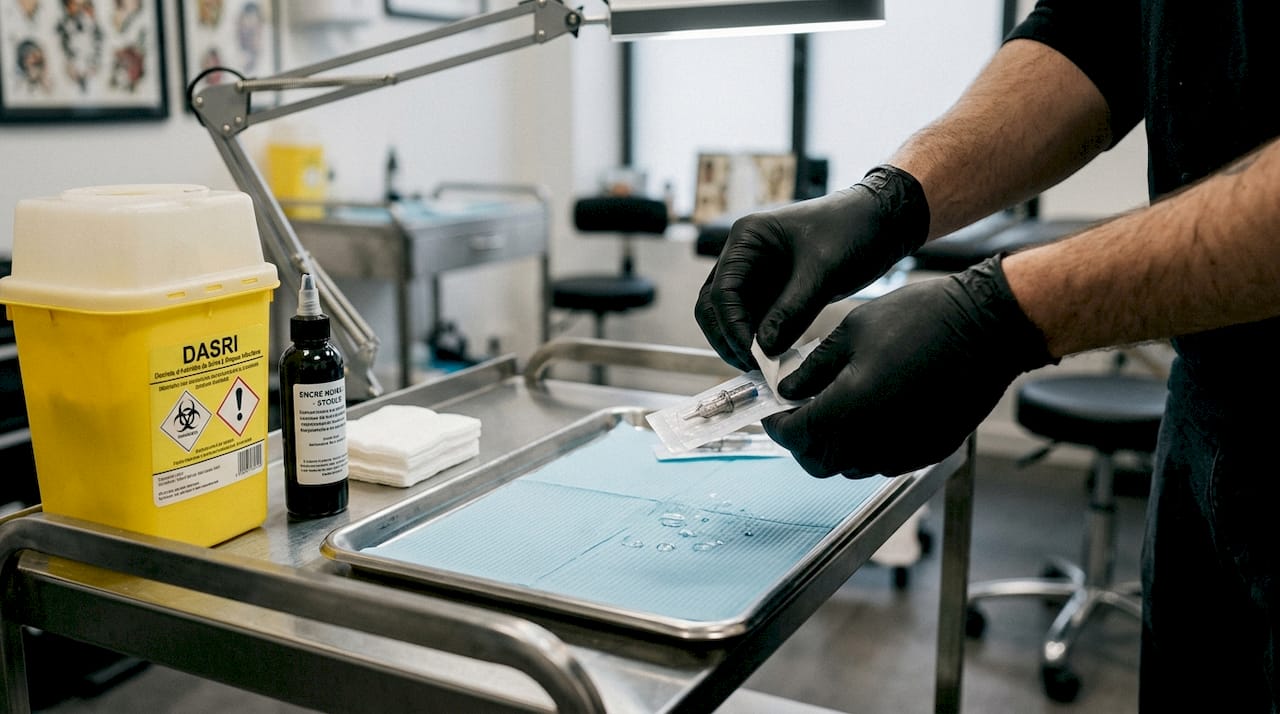 Aiguille de tatouage stérile sous emballage, jamais utilisée