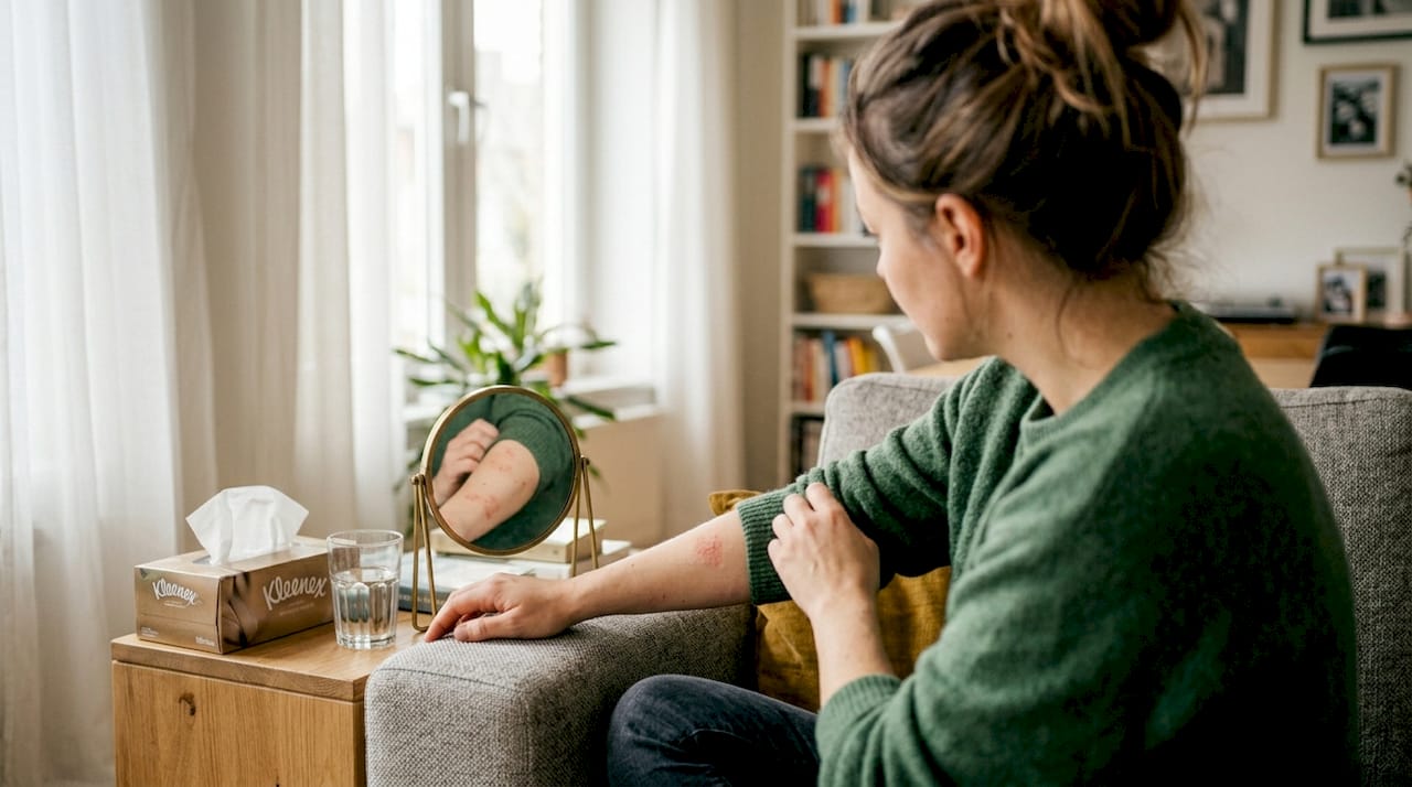 Een vrouw bekijkt thuis een lichte huidirritatie.