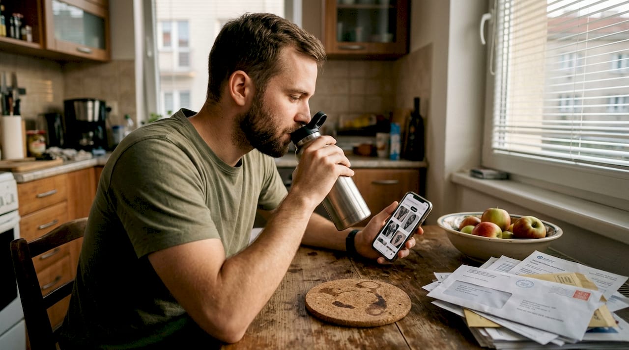 Muž sedí u kuchyňského stolu a pije vodu.