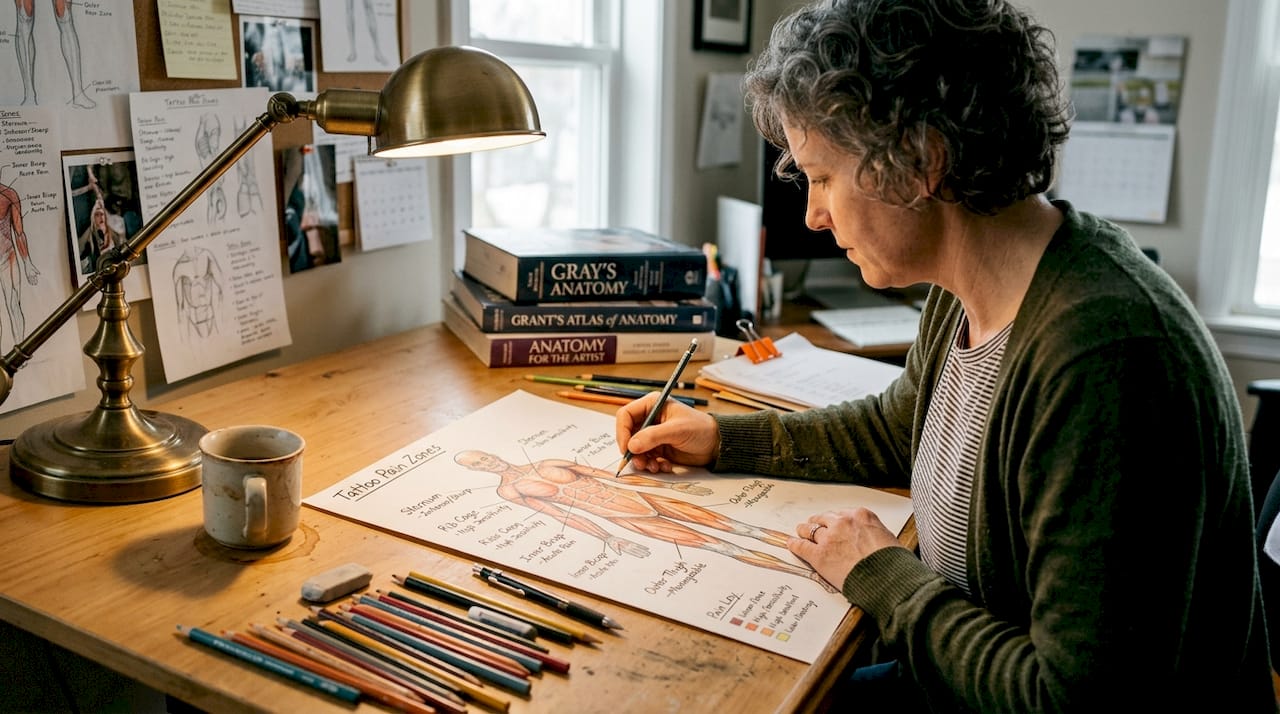 Anatomy diagram highlights tattoo pain zones