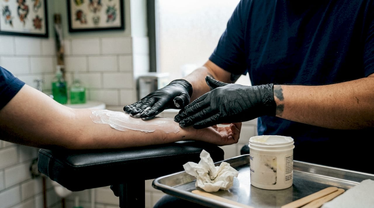 Tatér nanáší znecitlivující krém na předloktí klienta.