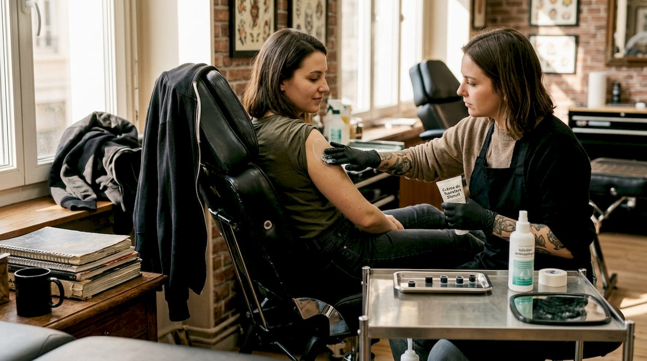 Le tatoueur applique une crème anesthésiante sur la peau de son client avant de commencer la séance.
