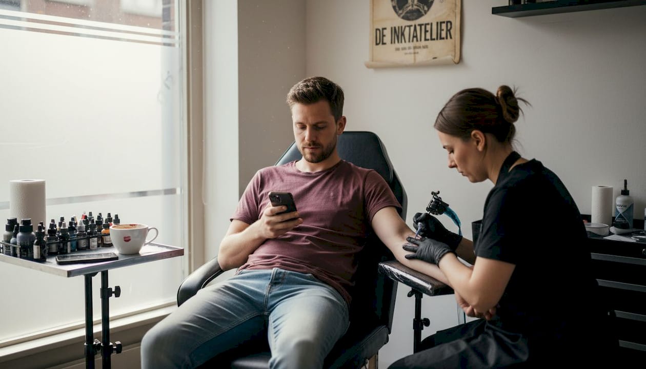 Onze klant zat lekker ontspannen met z’n telefoon in de hand tijdens het zetten van de tattoo.
