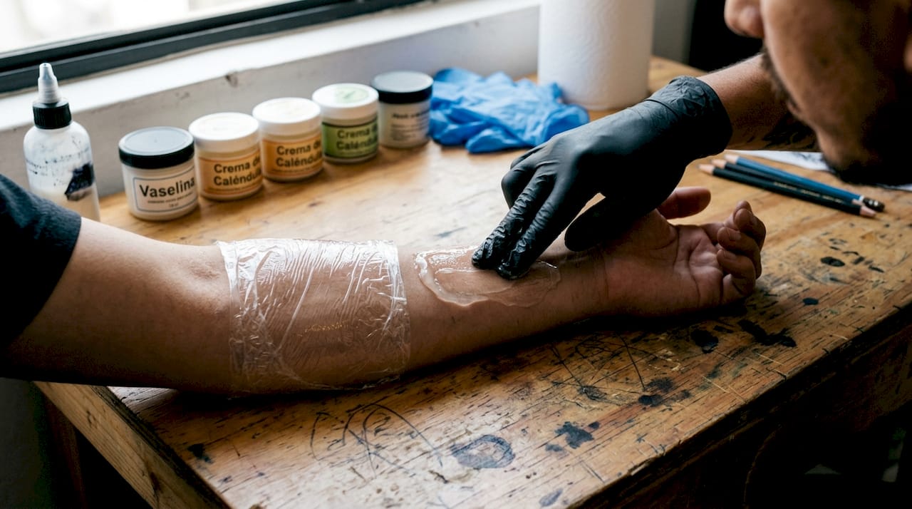 Aplicación de gel anestésico y vendaje para reducir el dolor durante el tatuaje