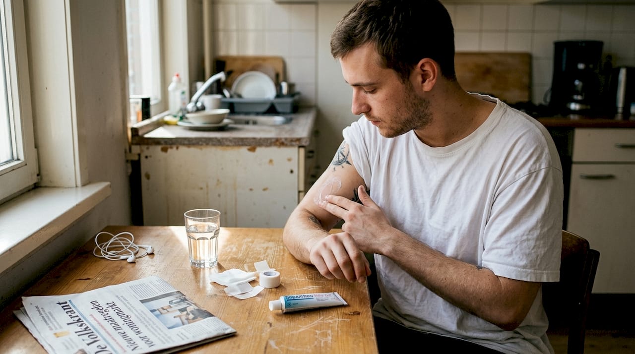Een man brengt verzorgende crème aan op zijn pas gezette tatoeage.