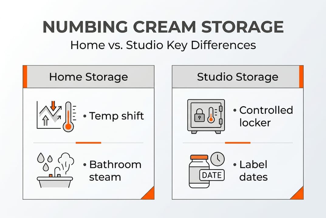 Infographic contrasting home and studio numbing cream storage