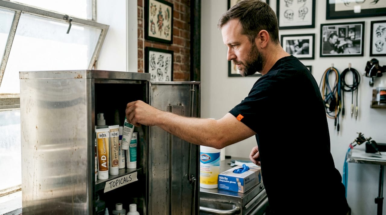 Tattoo artist stores numbing cream in cabinet