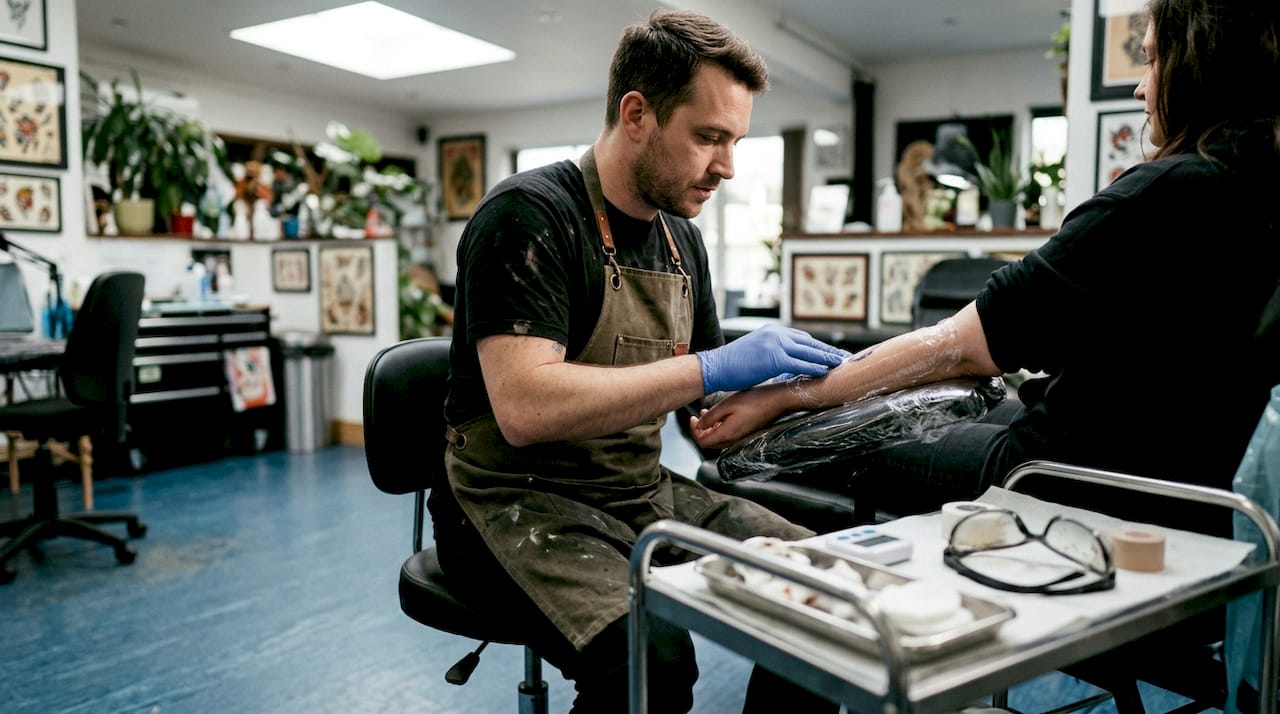 Le tatoueur examine la peau de son client, recouverte de crème.