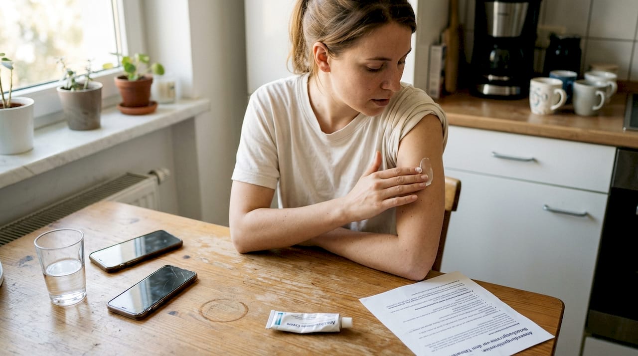 Eine Frau pflegt ihr frisches Tattoo und trägt dabei am Küchentisch eine spezielle Creme auf.