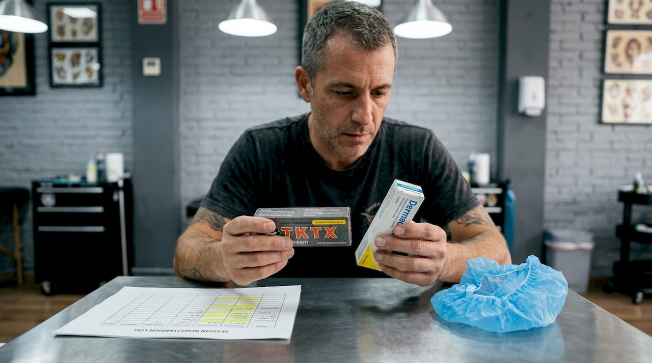 Tatuador evaluando diferentes cremas anestésicas para su uso en sesiones