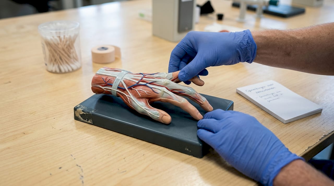 Handen stellen een anatomisch model van de zenuwen in de huid bij