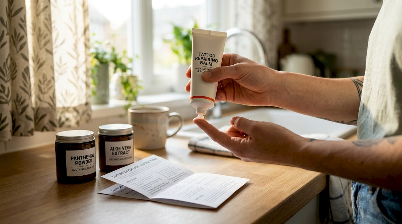 Hand applying tattoo balm in kitchen