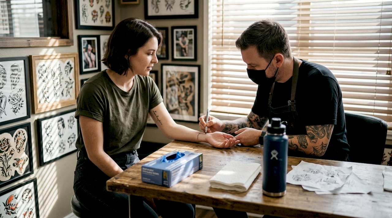 Prendre rendez-vous avec un tatoueur pour discuter d’un projet de tatouage sur la main