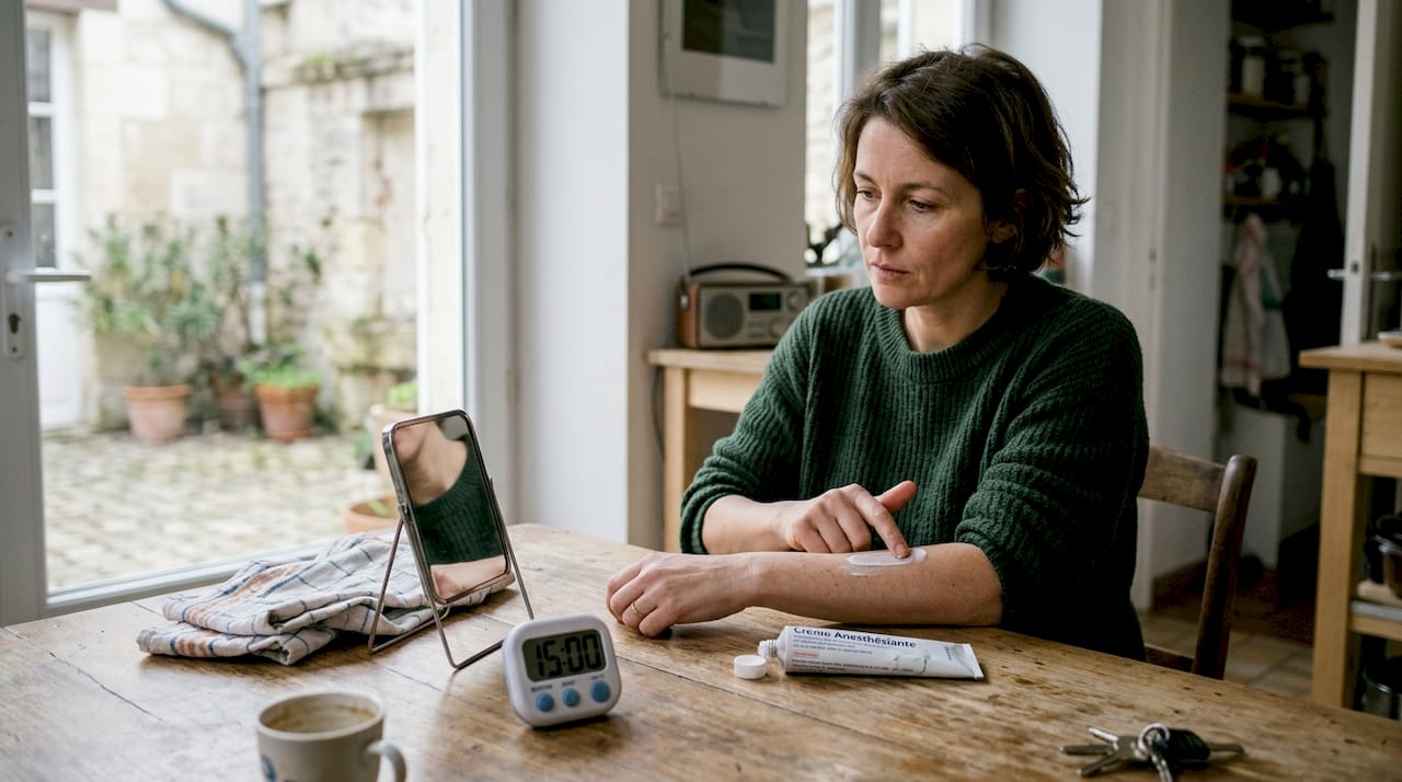 Pose de crème anesthésiante sur la face interne de l’avant-bras
