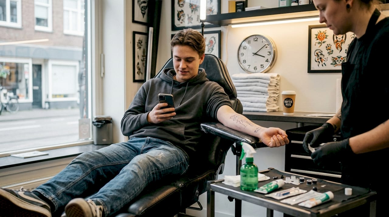 De tatoeageklant ligt ontspannen in de stoel dankzij de verdoving.