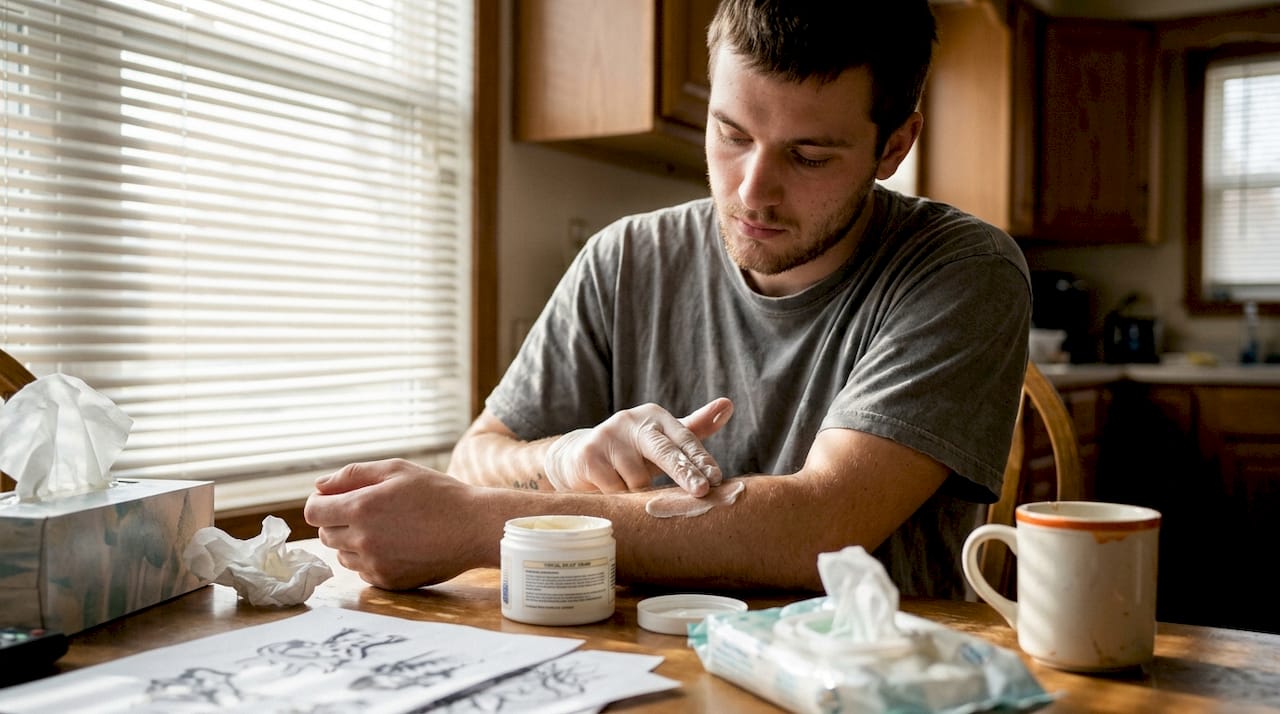 Man applying numbing cream before tattoo session