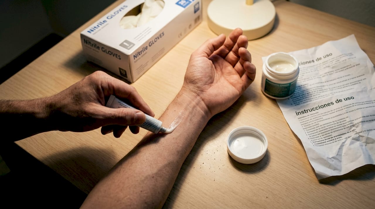 Una mano se aplica crema anestésica en el antebrazo.