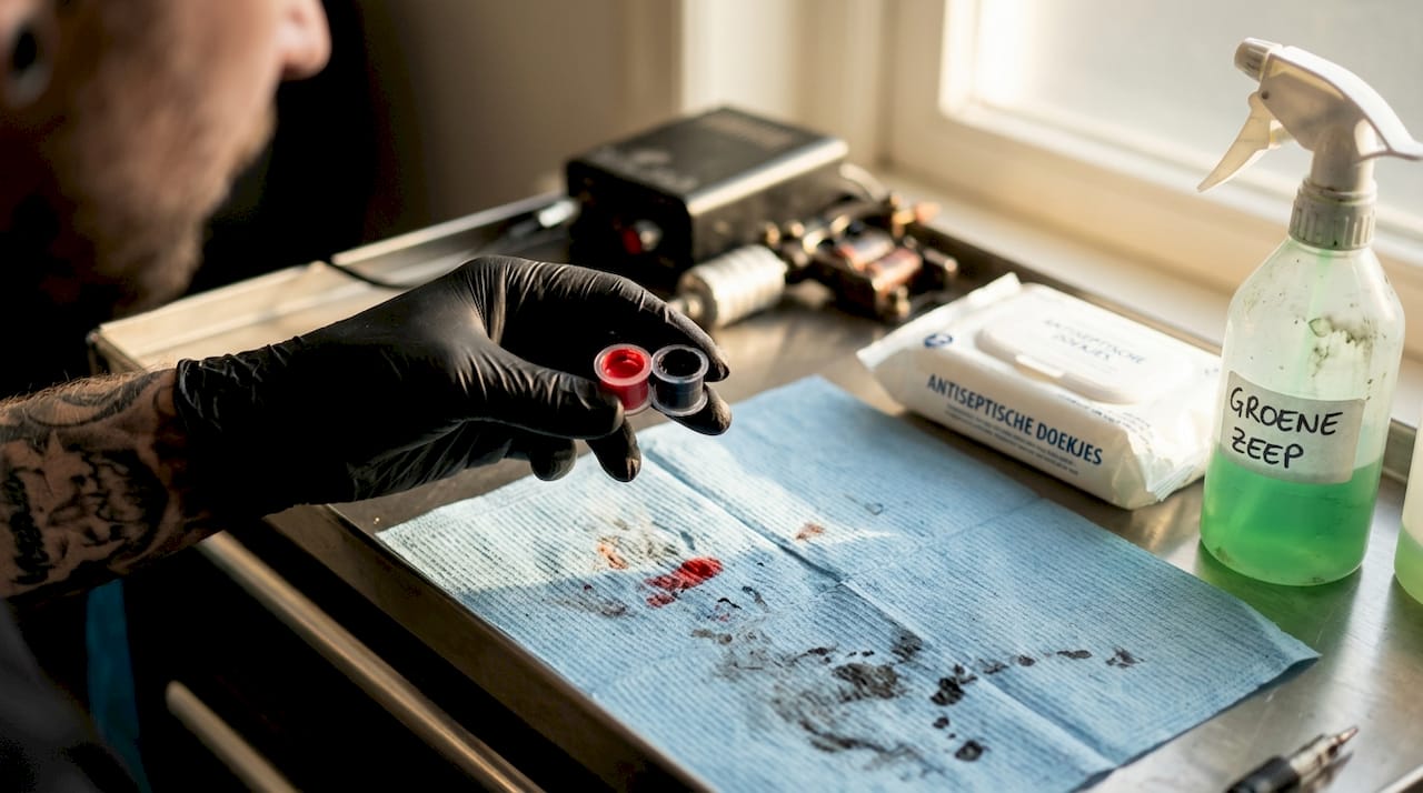 Een tatoeëerder houdt kleine bakjes met rode en zwarte inkt vast.