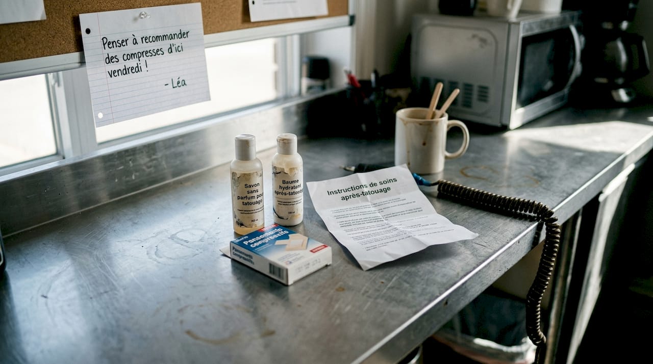 Un kit de soins pour tatouage posé sur le comptoir du salon
