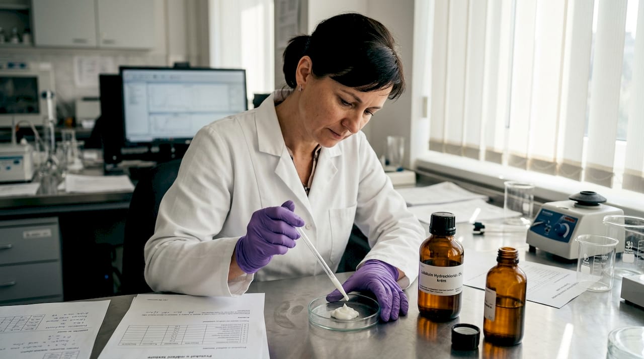 Laborant kontroluje vzorek krému s lidokainem