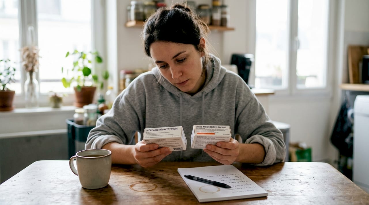 Une femme examine différentes crèmes anesthésiantes posées sur la table pour comparer leurs avantages.