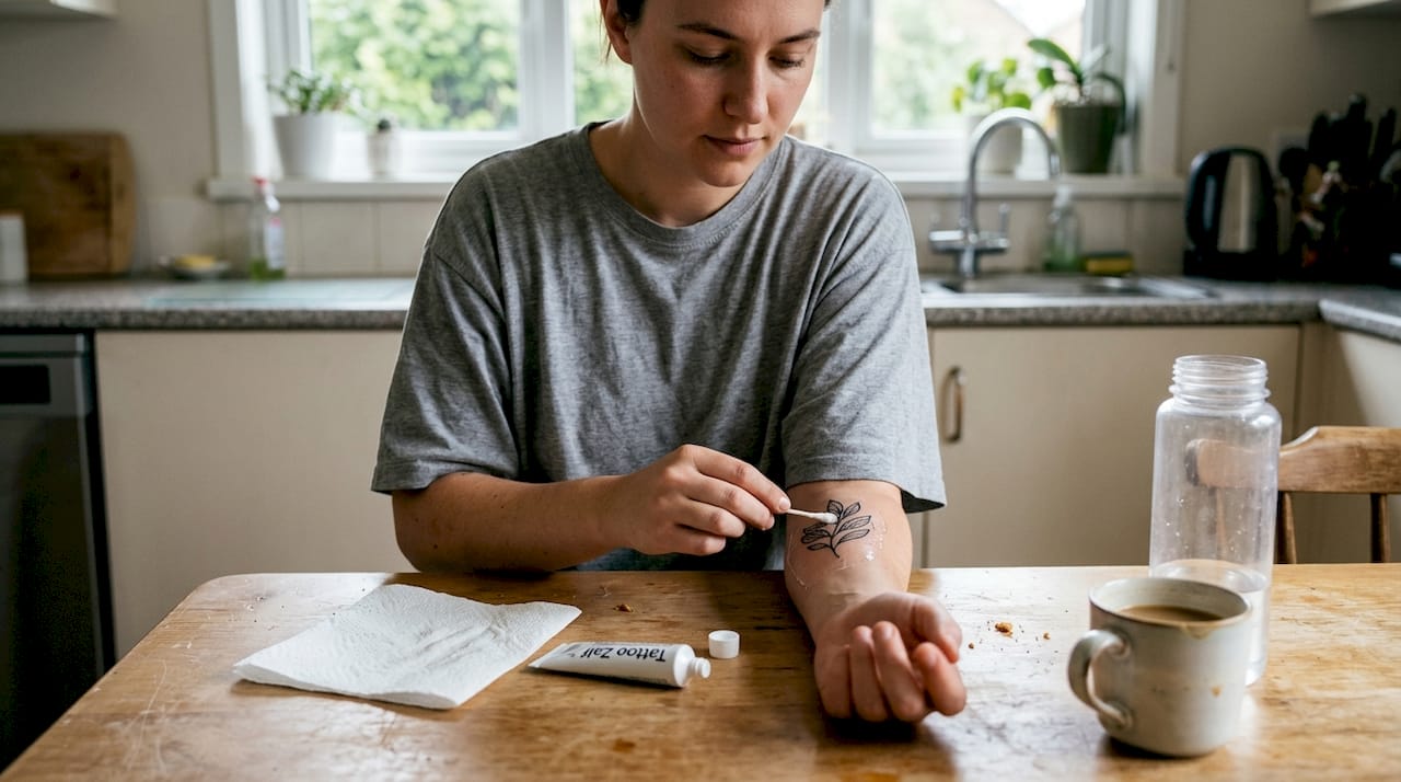 Iemand smeert voorzichtig zalf op een herstellende tatoeage.