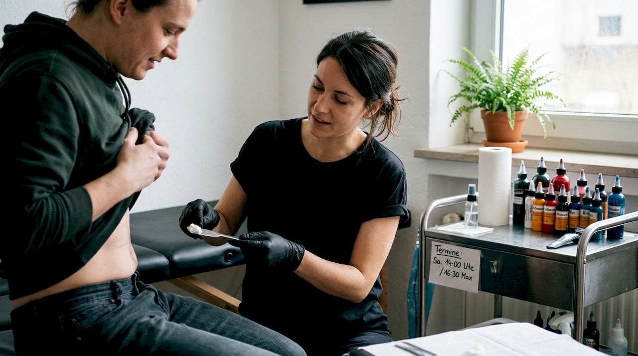 Ein Tätowierer bereitet im Studio eine Betäubungscreme für die nächste Sitzung vor.