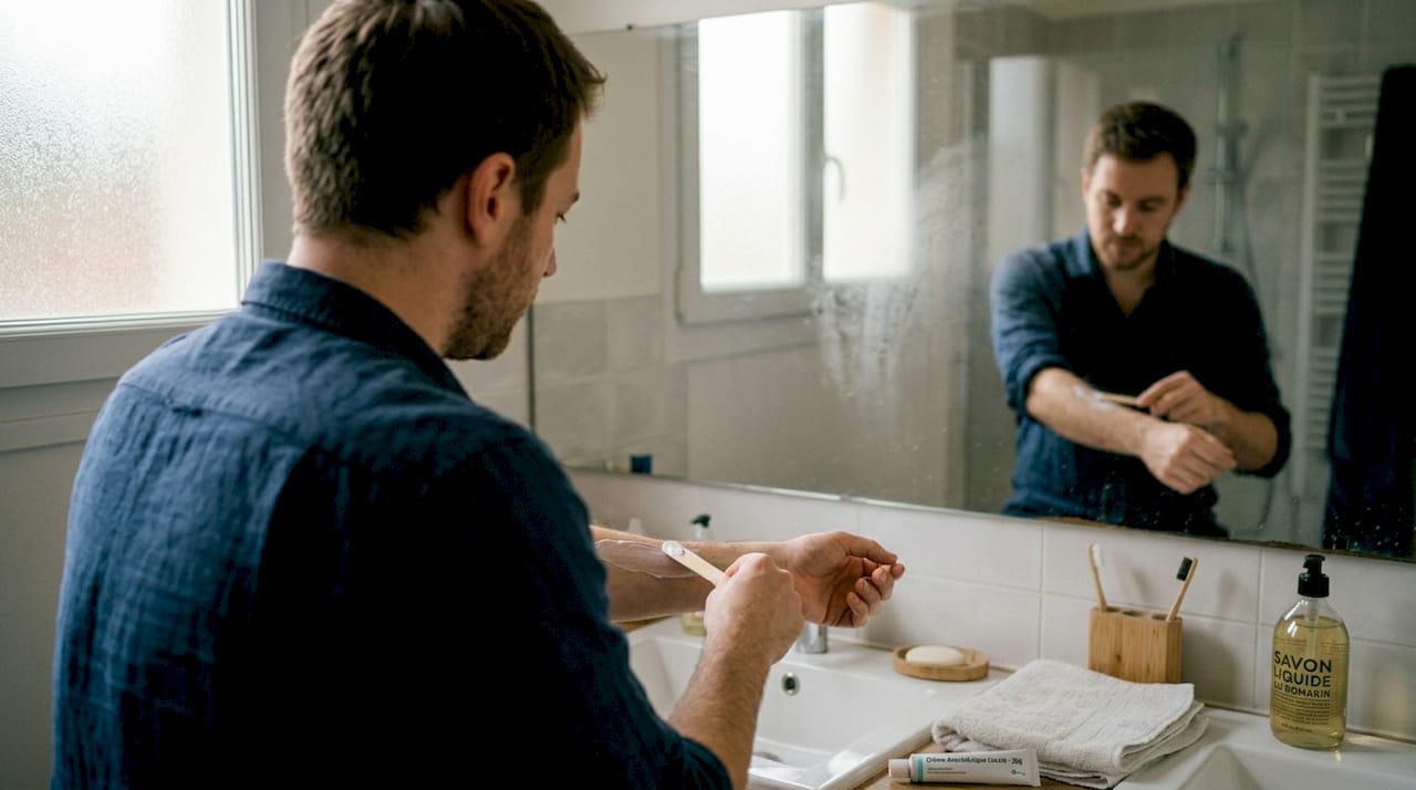 Un homme applique une crème anesthésiante sur sa peau avant de se faire tatouer.