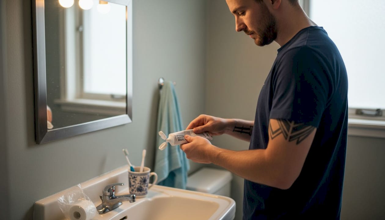 Man draait verdovende crème open in de badkamer thuis