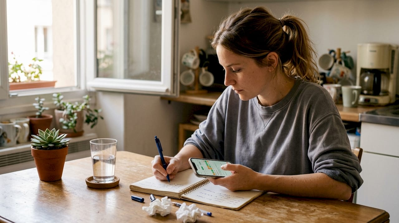 Une femme consulte son calendrier de cycles et prend quelques notes pour suivre son évolution.