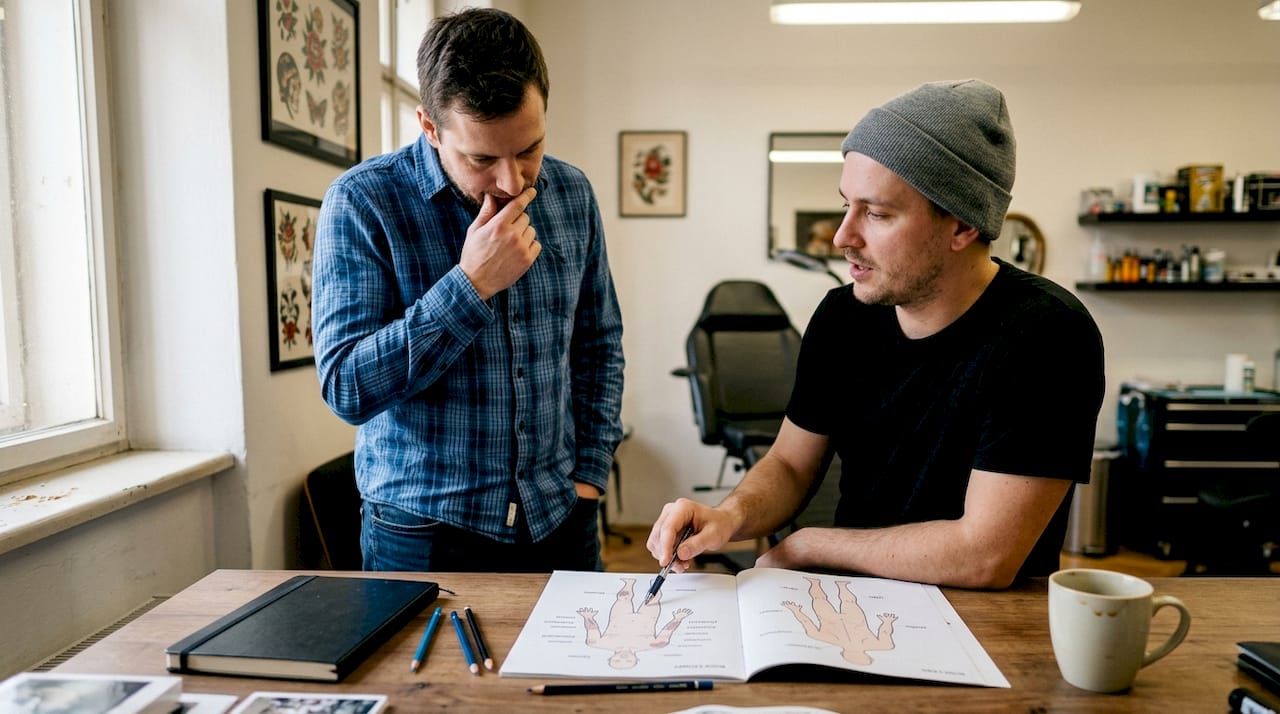 Tatér a zákazník společně vybírají, kam tetování nejlépe umístit.