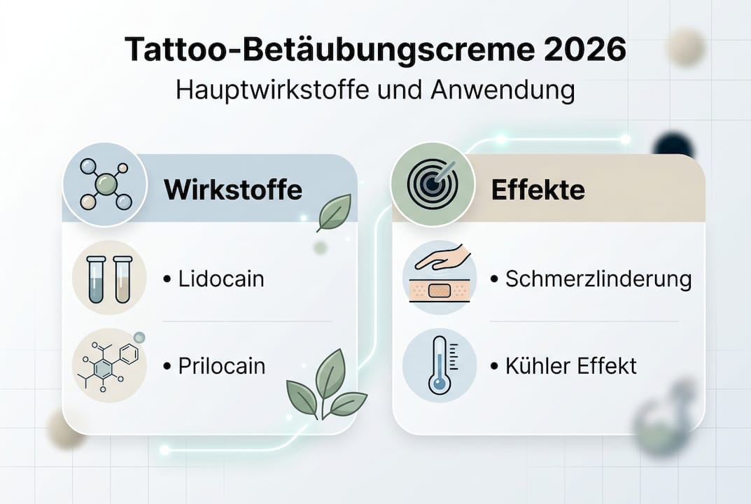 Übersichtsgrafik: Die wichtigsten Inhaltsstoffe und ihre Wirkung in Betäubungscremes