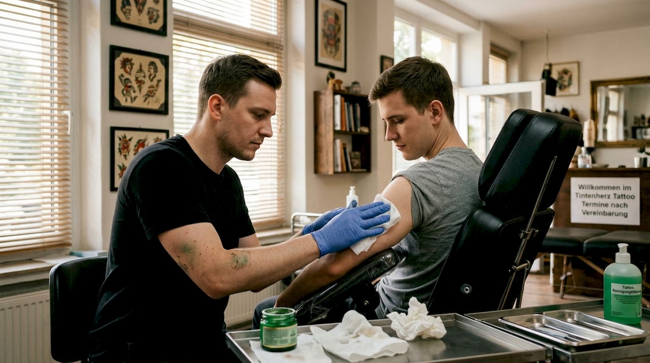 Ein Tätowierer bereitet im Studio sorgfältig die Haut seines Kunden auf das Stechen vor.