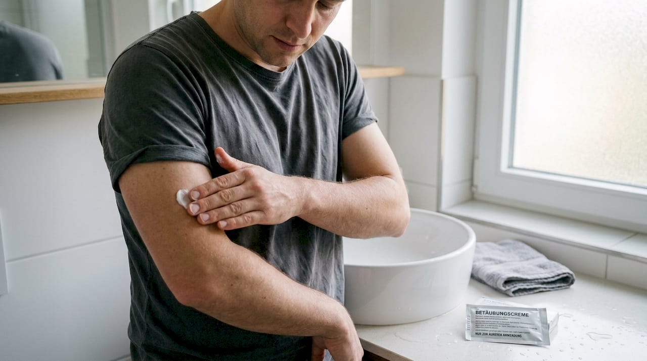 Jemand trägt im Badezimmer eine betäubende Creme auf die Haut auf, um sich auf eine Tätowierung vorzubereiten.