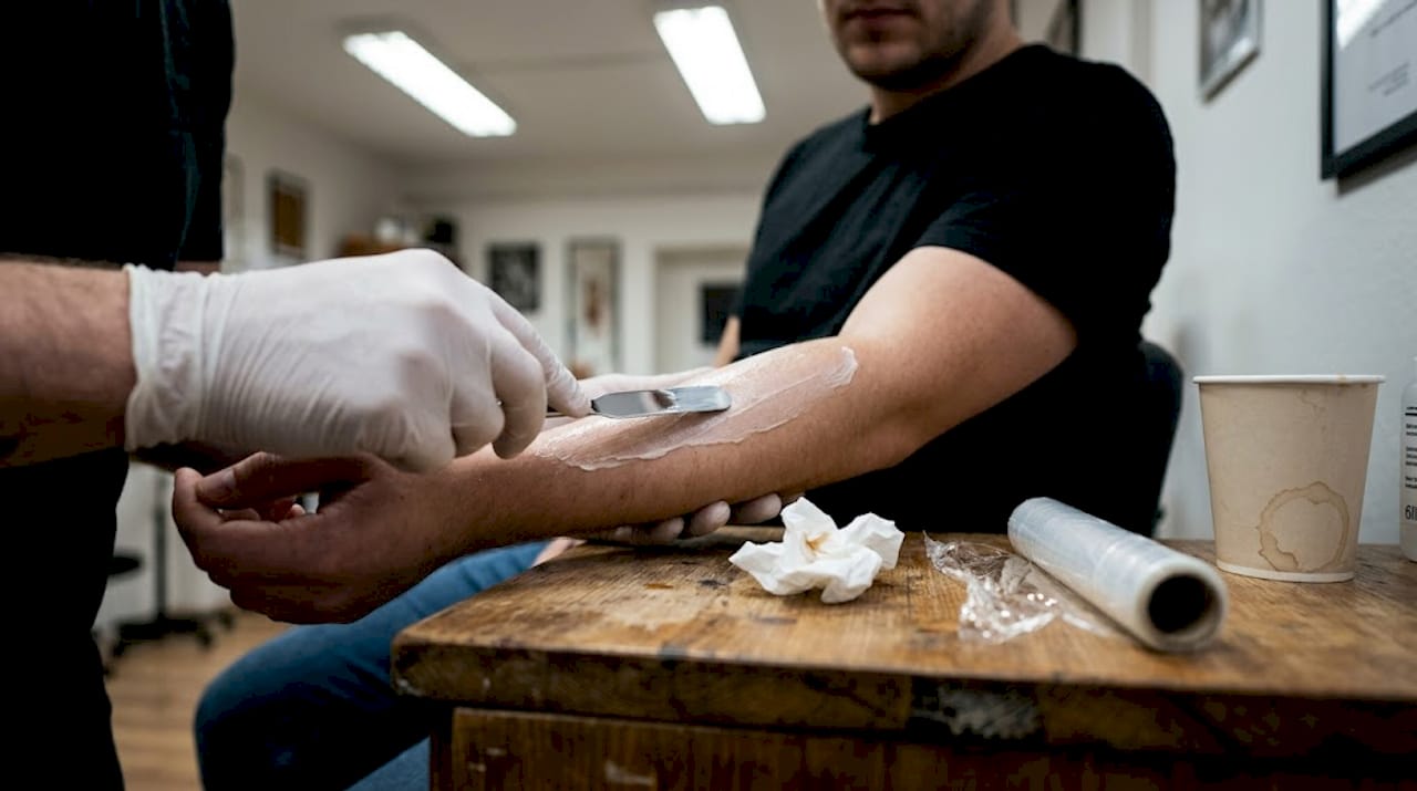 Ruka v rukavici nanáší znecitlivující krém na předloktí.