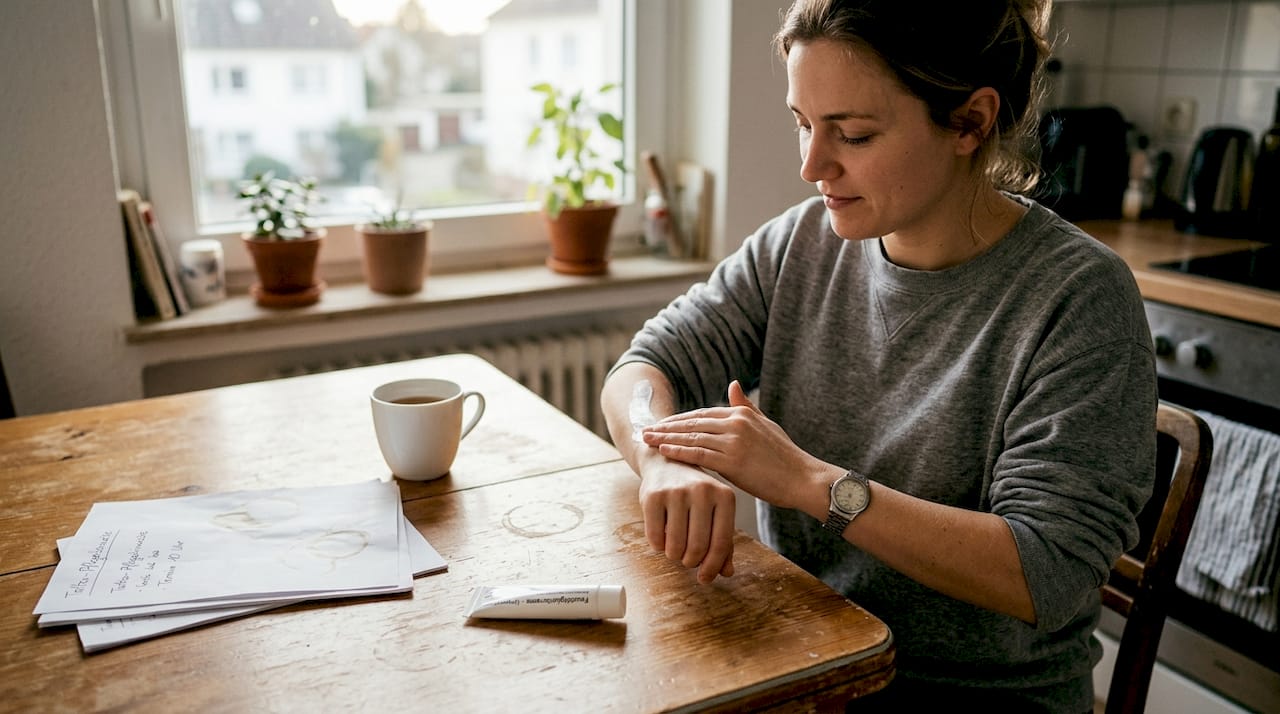 Eine Frau trägt vor dem Tätowieren eine pflegende Creme auf ihren Arm auf, um die Haut optimal vorzubereiten.